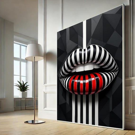 Striped Lips Pop Art Canvas Optical Illusion Wall Print Modern Glam Lip Poster Bold Black Red Decor Ready To Hang