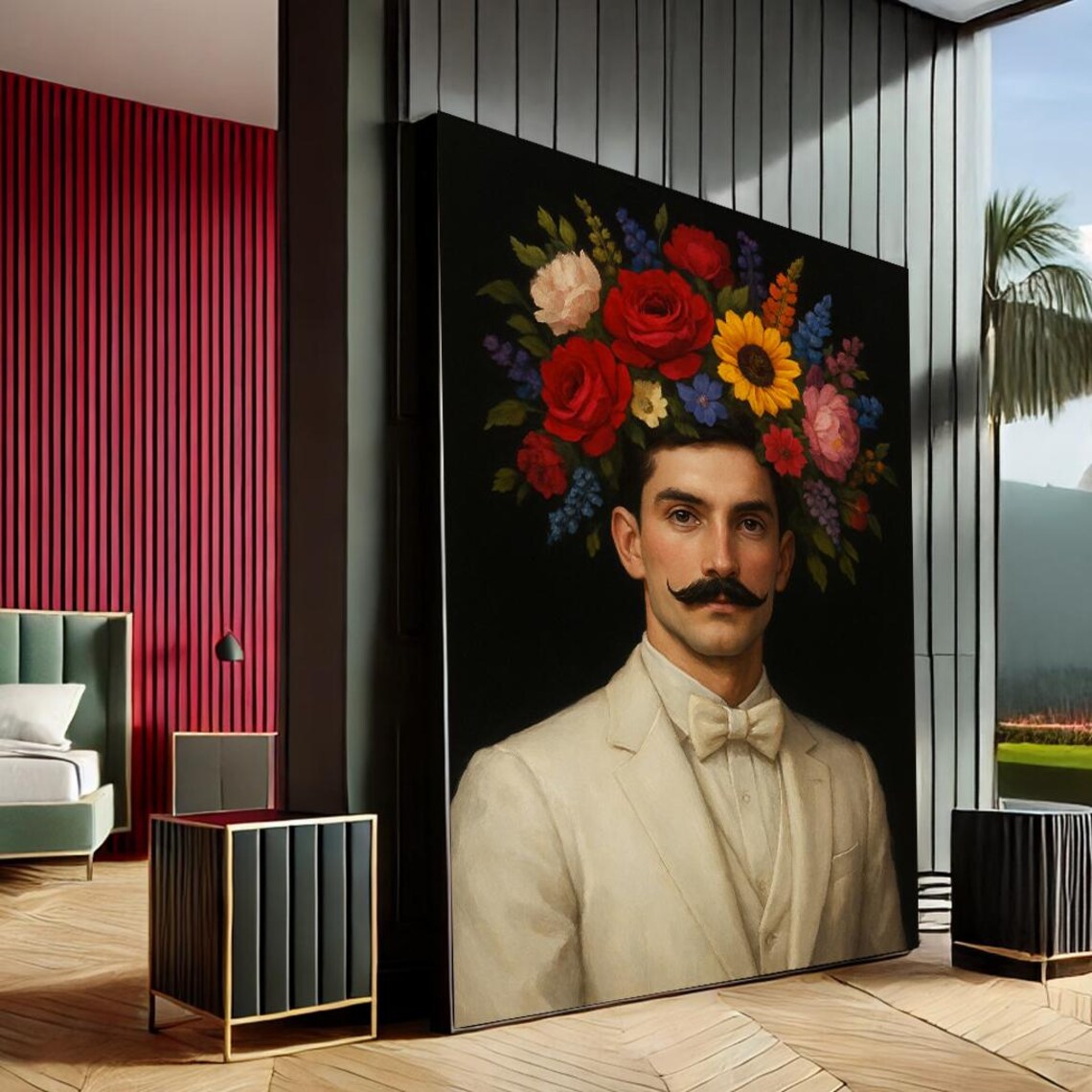 Refined Gentleman With Floral Crown Portrait Dramatic Mustache Wall Art
