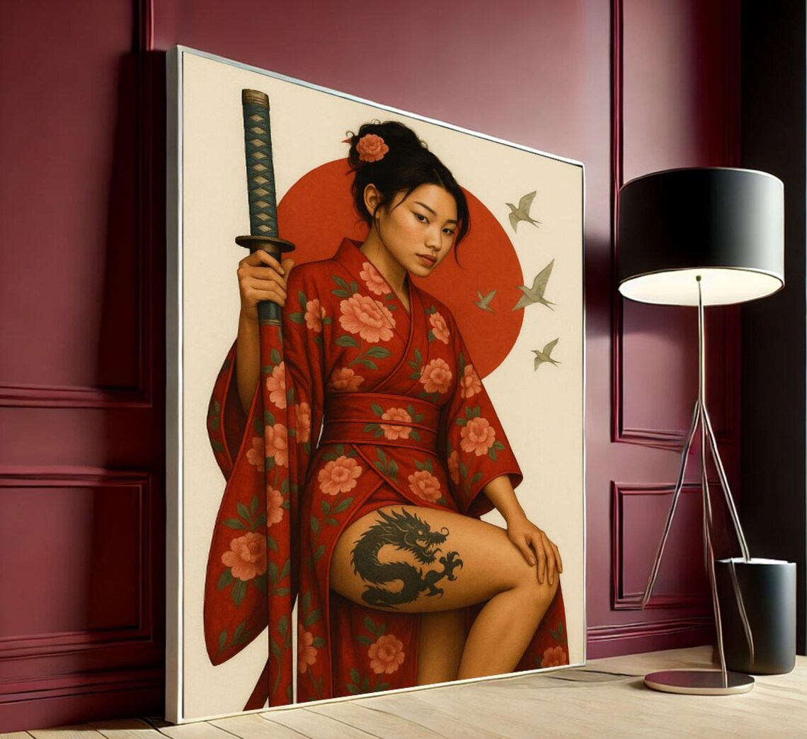 Samurai Woman in Red Kimono with Dragon Tattoo and Katana Art Poster