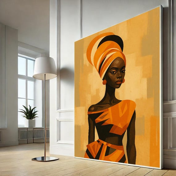 Elegant African Woman In Orange Headwrap Canvas Art Bold Ethnic Portrait For Living Room Vibrant Afrocentric Home Decor