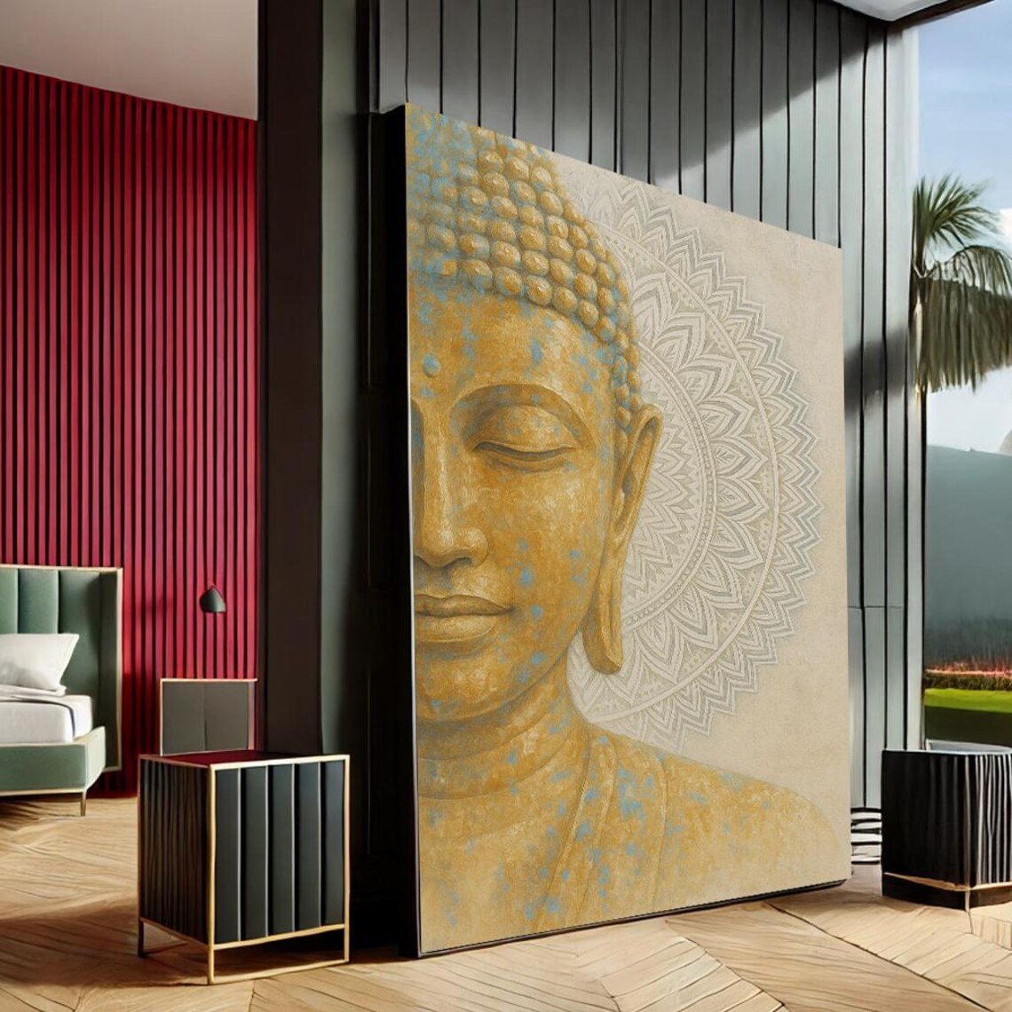 Golden Buddha Face Mandala Halo Peaceful Zen Canvas Art Print