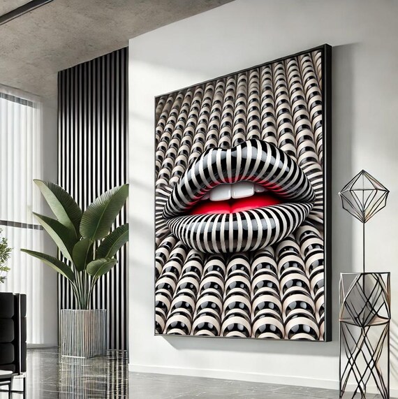 Striped Zebra Lips Optical Art Black White Pop Art Fashion Poster