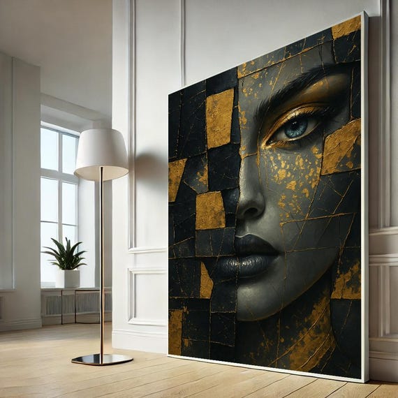 Broken Gold Face Abstract Canvas Wall Art Print Luxury Black Portrait Home Decor