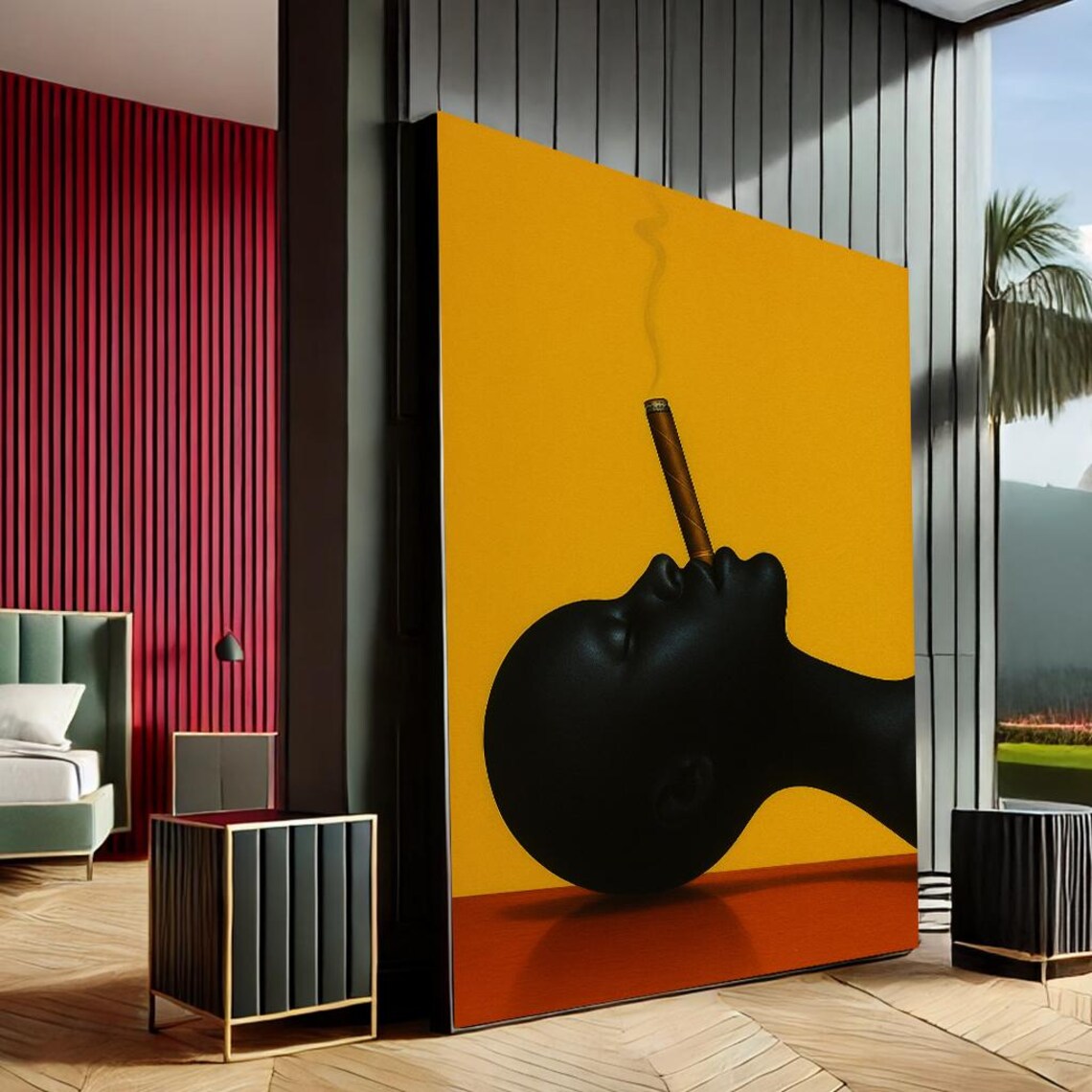Black and Gold Woman Portrait with Cigar Modern Canvas Print