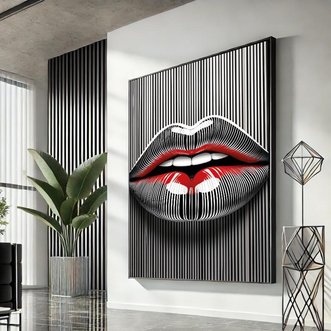 Line Art Lips Red Lipstick Accent Black Pinstripe Fashion Poster