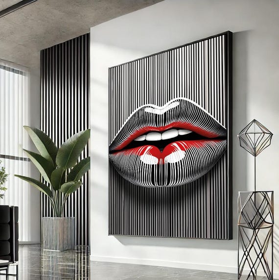 Woman Lips Pop Art Canvas Red Wall Modern Trendy Fashion Artwork Statement Home Accent Unique Gift For Lovers