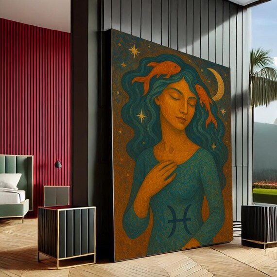 Mystical Pisces Goddess Modern Canvas Wall Art Print Teal Gold Living Room Decor Statement Piece