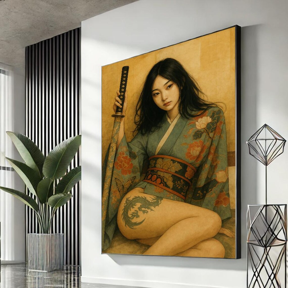 Japanese Samurai Woman Kimono Katana Dragon Tattoo Golden Art Poster