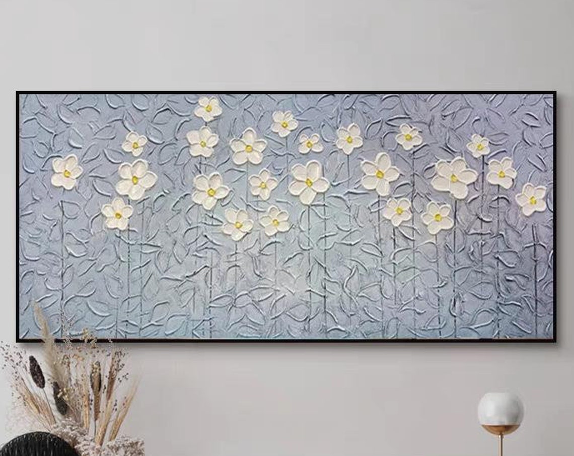 White Flowers on Blue Background Textured Floral Modern Art Poster