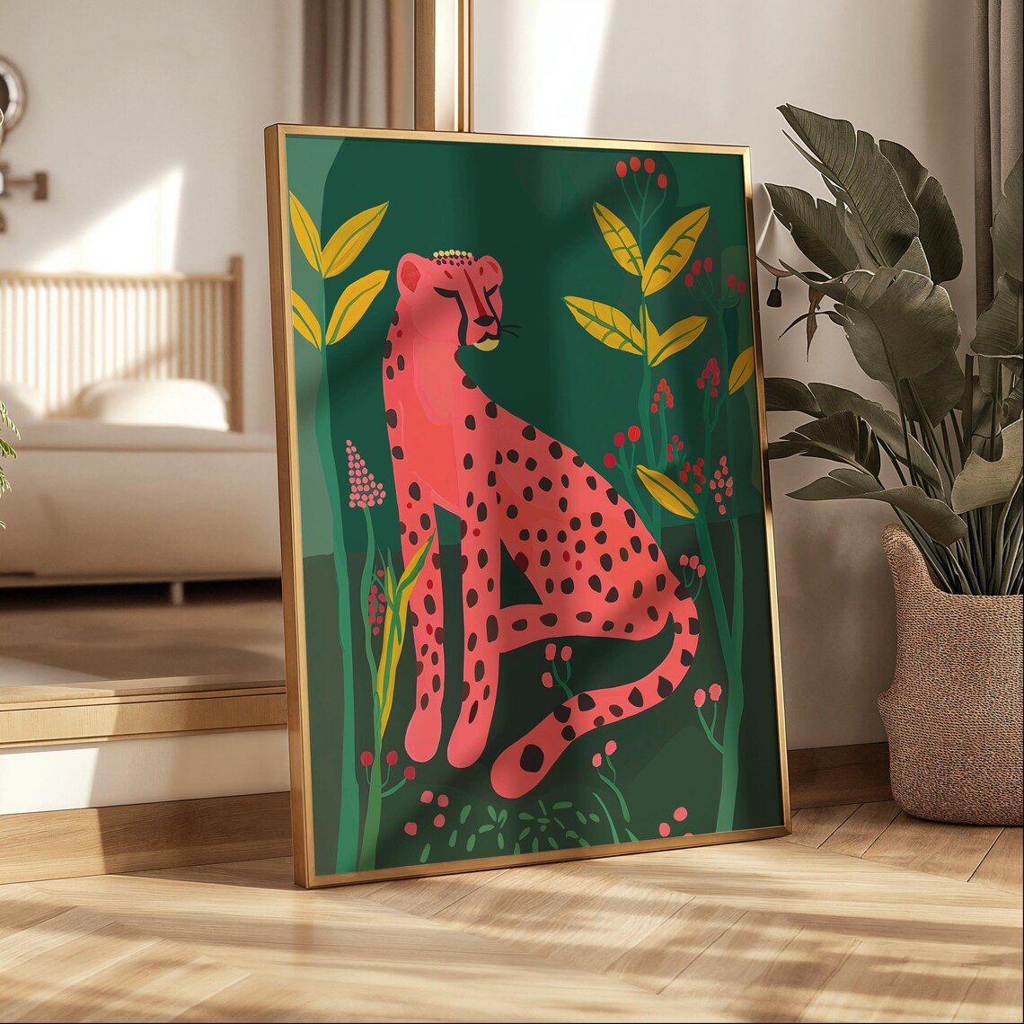 Pink Cheetah Sitting in a Green Jungle Illustration Art Print - Image 2