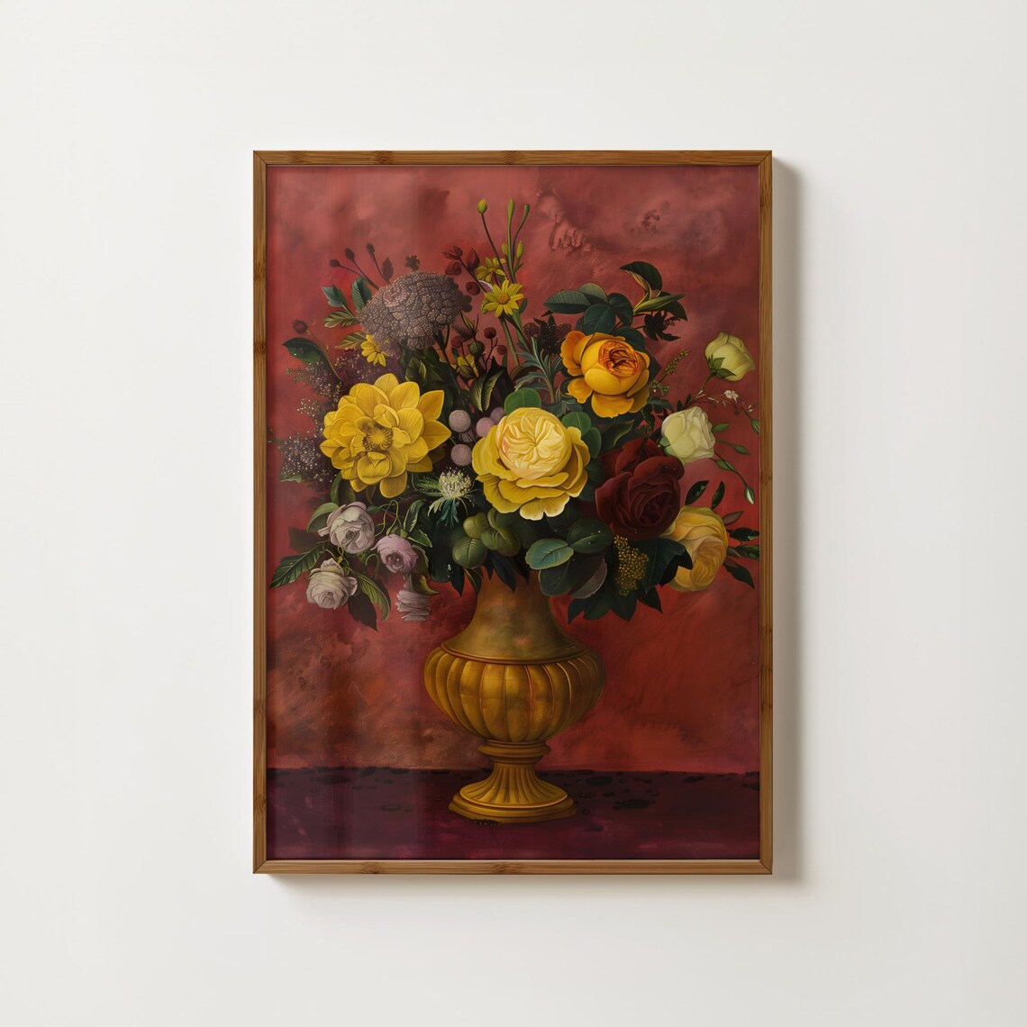 Golden Urn Yellow Bouquet Moody Red Floral Painting Style Poster