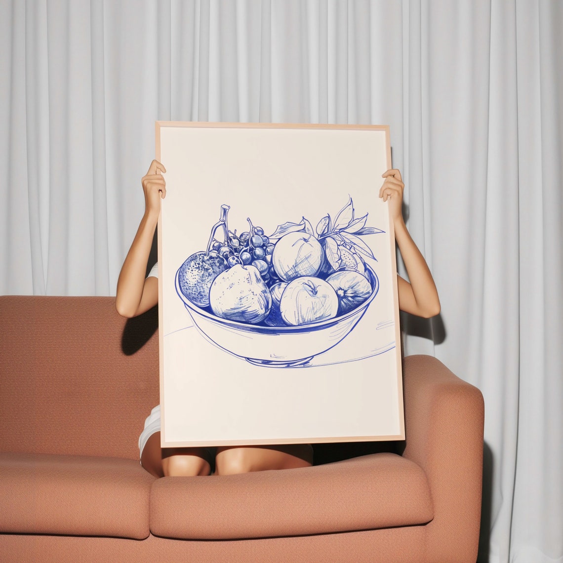 Blue Ink Fruit Bowl Sketch Kitchen Still Life Drawing Poster - Image 2