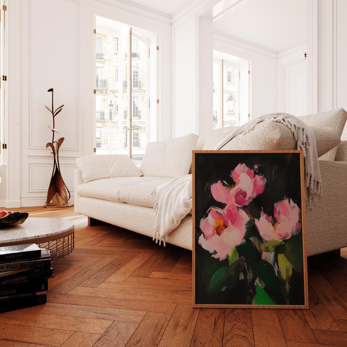 Pink Peonies Blooming On Black Impressionist Floral Art Poster - Image 2