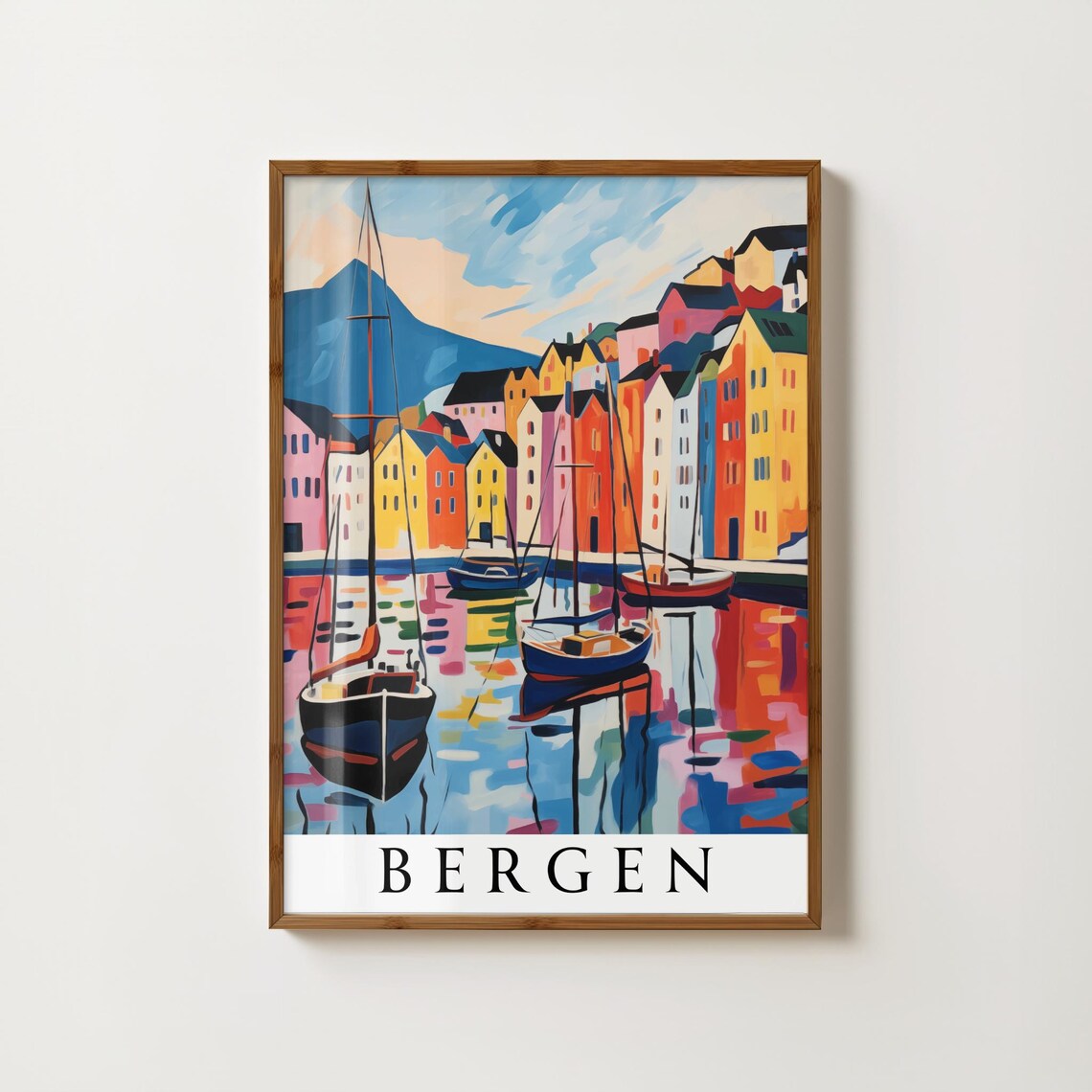 Bergen Norway Harbor Colorful Bryggen Houses Boats Travel Poster