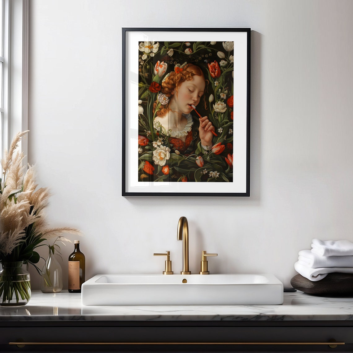 Vintage Girl Brushing Teeth Surrounded By Red Tulips Floral Art Poster - Image 3
