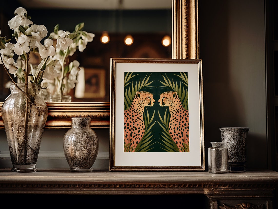 Mirrored Cheetah Pair In A Dark Jungle Art Deco Style Poster - Image 3