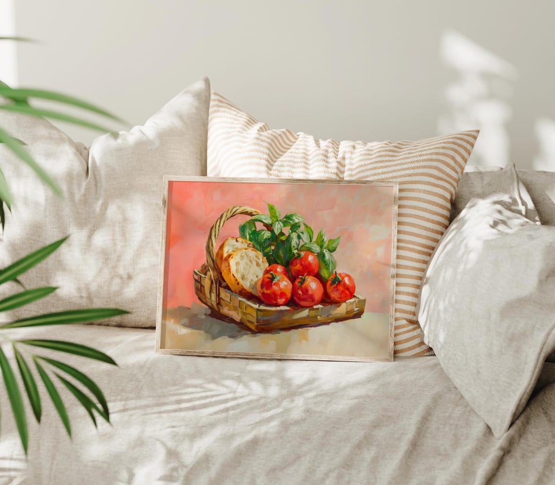 Tomato Basil Bread Basket Mediterranean Still Life Kitchen Print - Image 3