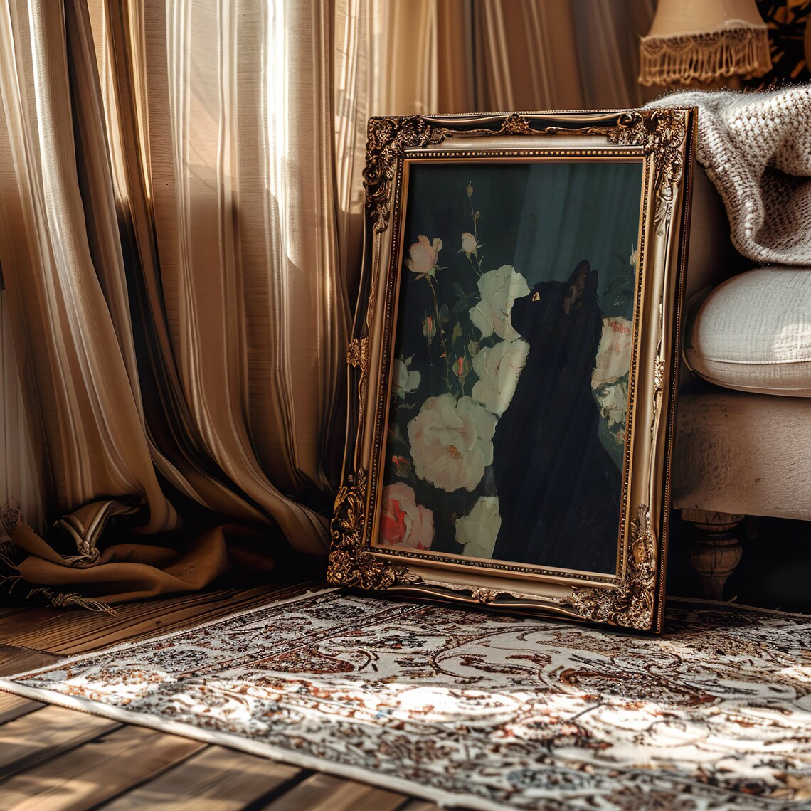 Black Cat and Moody Roses Gothic Wall Art Print - Image 2