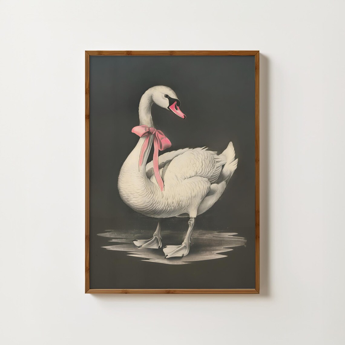 Standing White Swan With Pink Ribbon Antique Style Art Poster