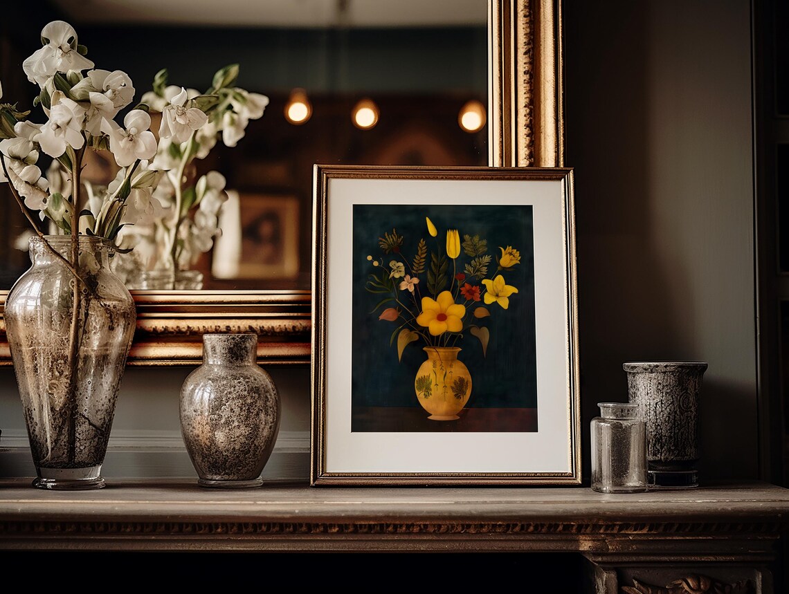 Yellow Wildflowers Golden Vase Dark Teal Botanical Style Poster - Image 3