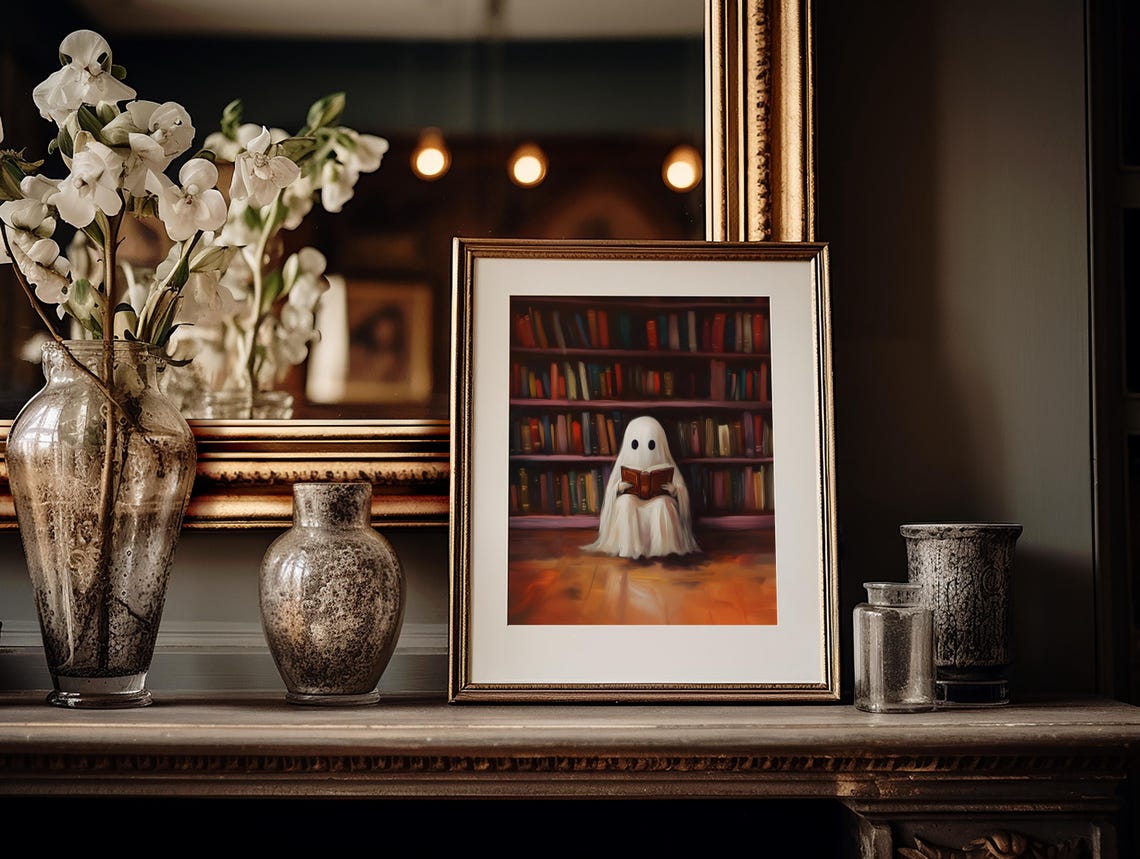 Cute Ghost Reading A Book In A Cozy Library Halloween Art Poster - Image 2