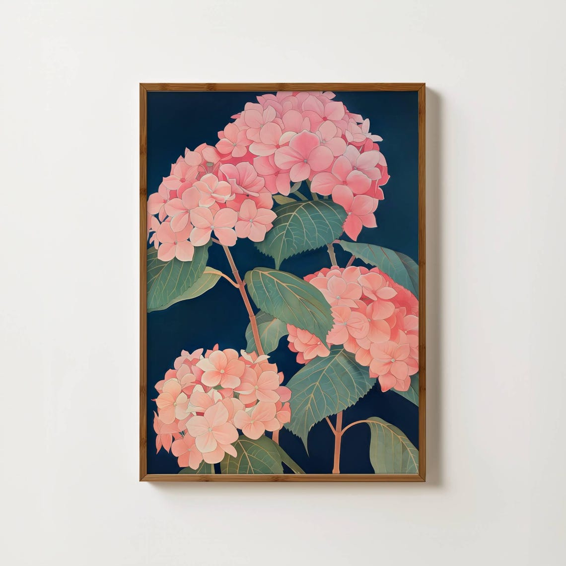 Blush Pink Hydrangea Bloom Clusters Navy Botanical Wall Art Decor