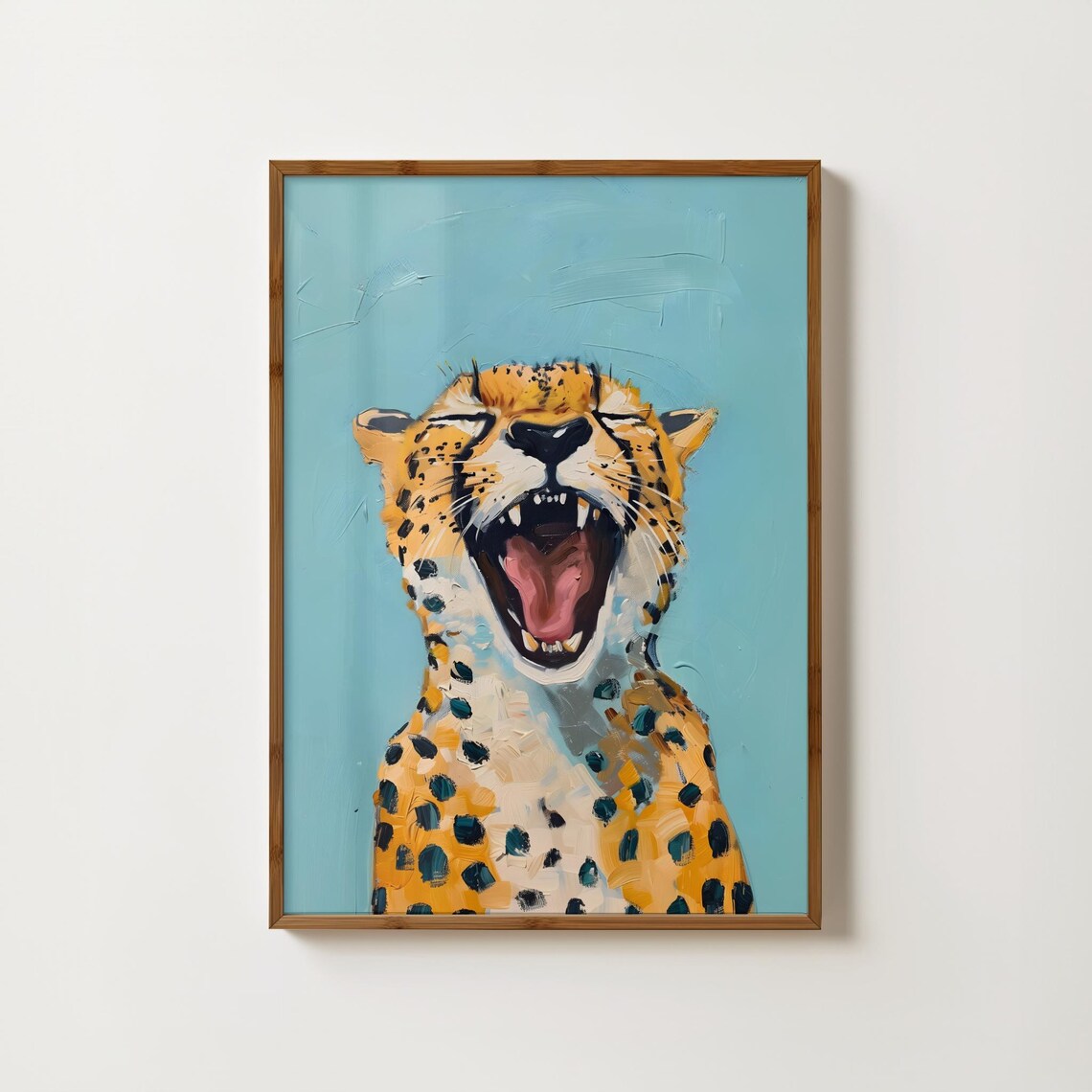 Yawning Cheetah In Playful Pop Art Style On Light Blue Background Poster