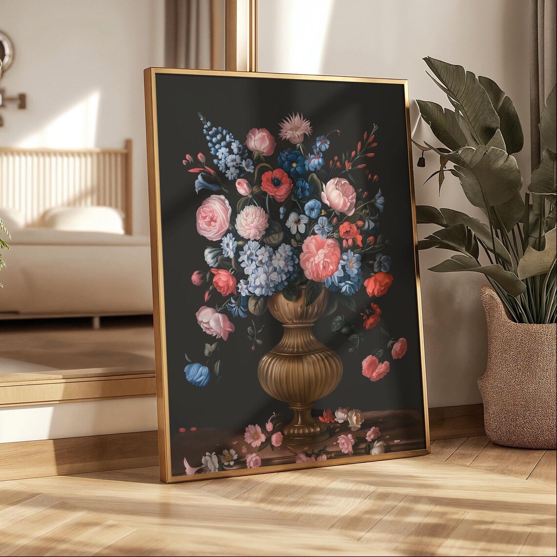 Pink And Blue Bouquet Gold Vase Dark Floral Painting Style Poster - Image 2