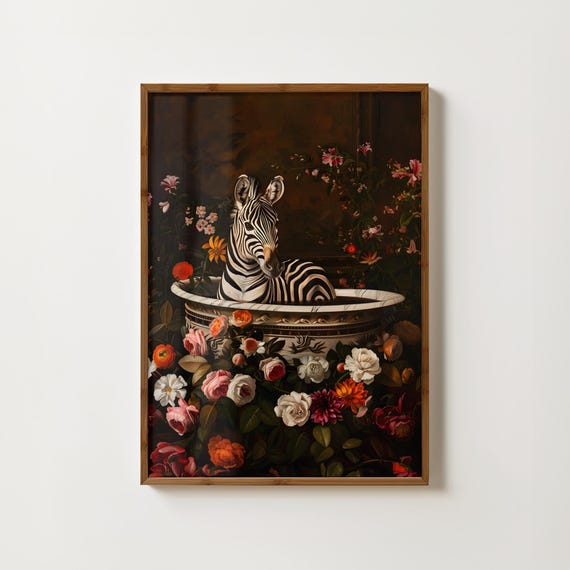 Zebra in Bath Vintage Bathroom Art Print