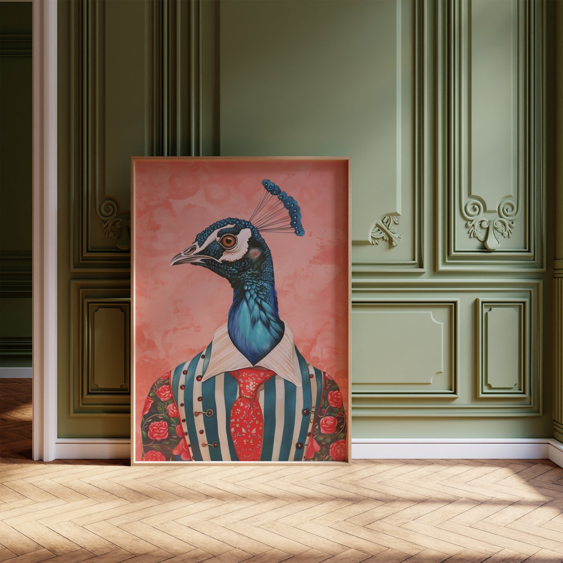 Dapper Peacock Wearing A Striped Suit With Red Tie Art Poster - Image 3
