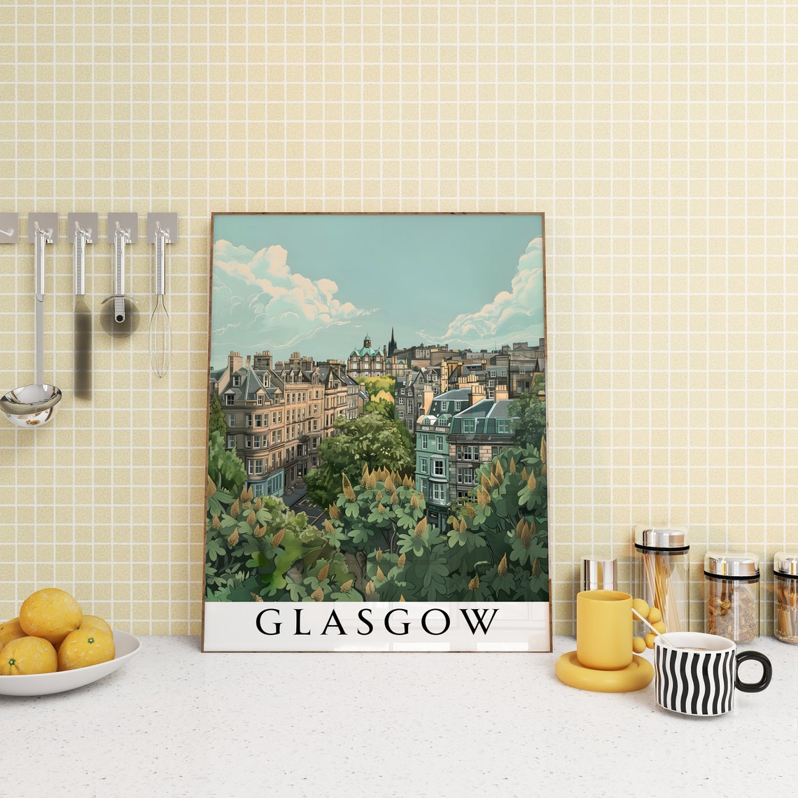 Glasgow City Rooftops Over Trees Illustrated Travel Art Poster - Image 3