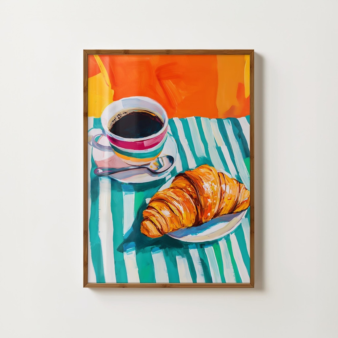 Croissant And Coffee On Striped Cloth French Breakfast Poster
