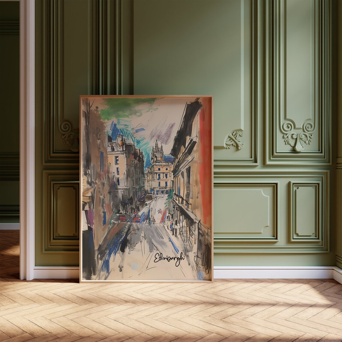 Edinburgh Old Town Street In Loose Colorful Sketch Style Art Poster - Image 4