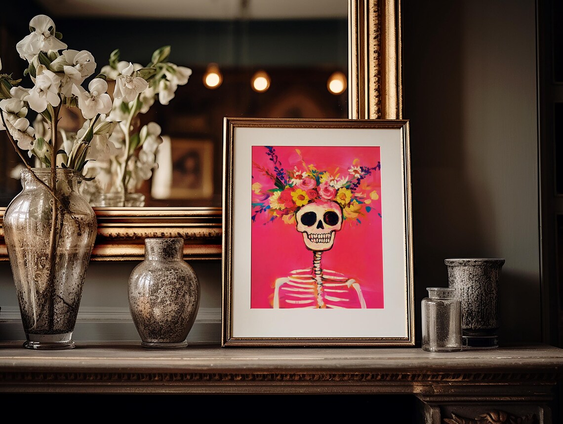 Pink Skeleton Floral Skull, Gothic Halloween Art Print - Image 3