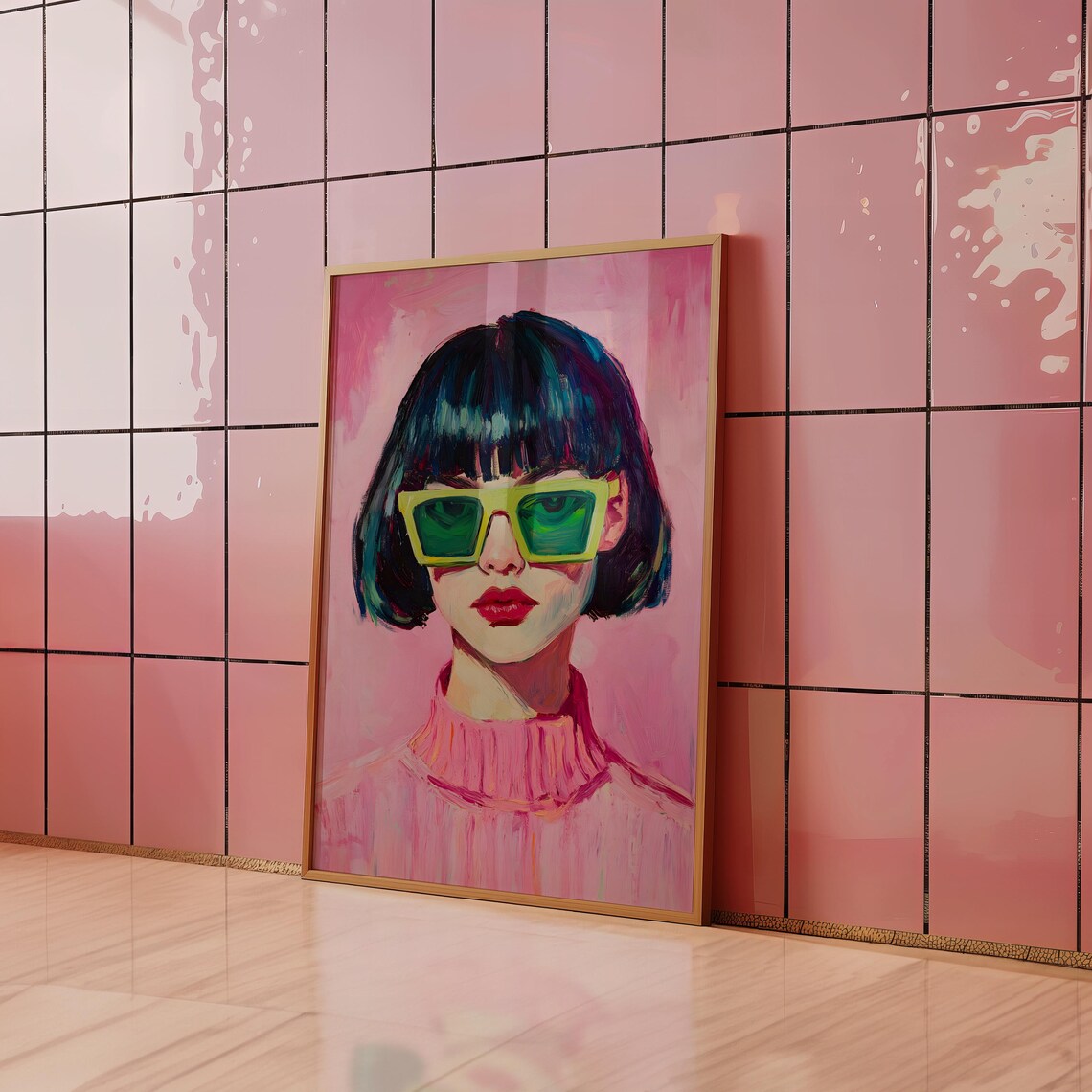 Fashion Girl In Lime Sunglasses Hot Pink Pop Portrait Poster - Image 2