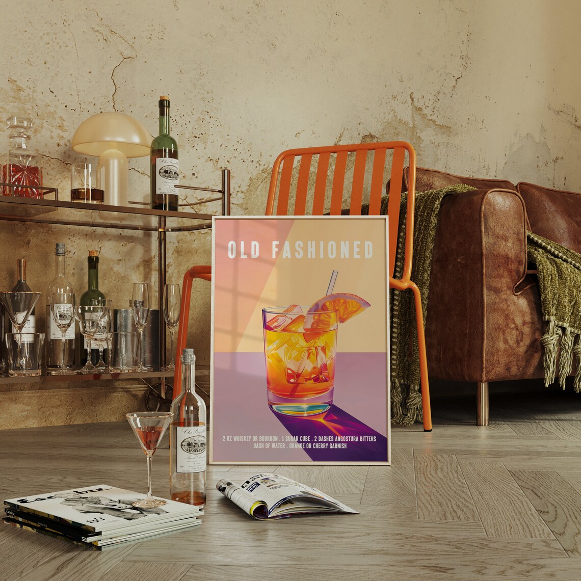 Old Fashioned Whiskey Cocktail Recipe In Pastel Pink Retro Artwork Poster - Image 3