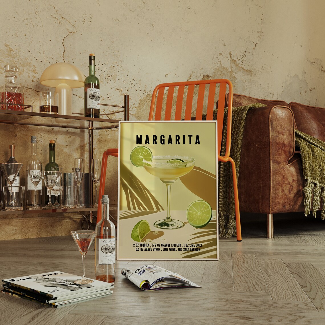 Margarita Cocktail Recipe Sunny Yellow Retro Bar Cart Poster - Image 4