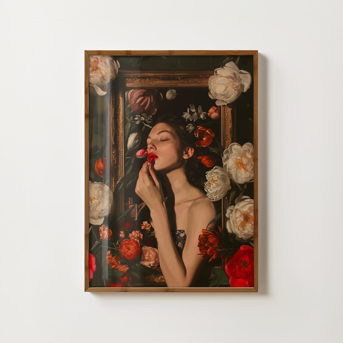 Woman Applying Lipstick Among Florals Moody Vintage Art Poster