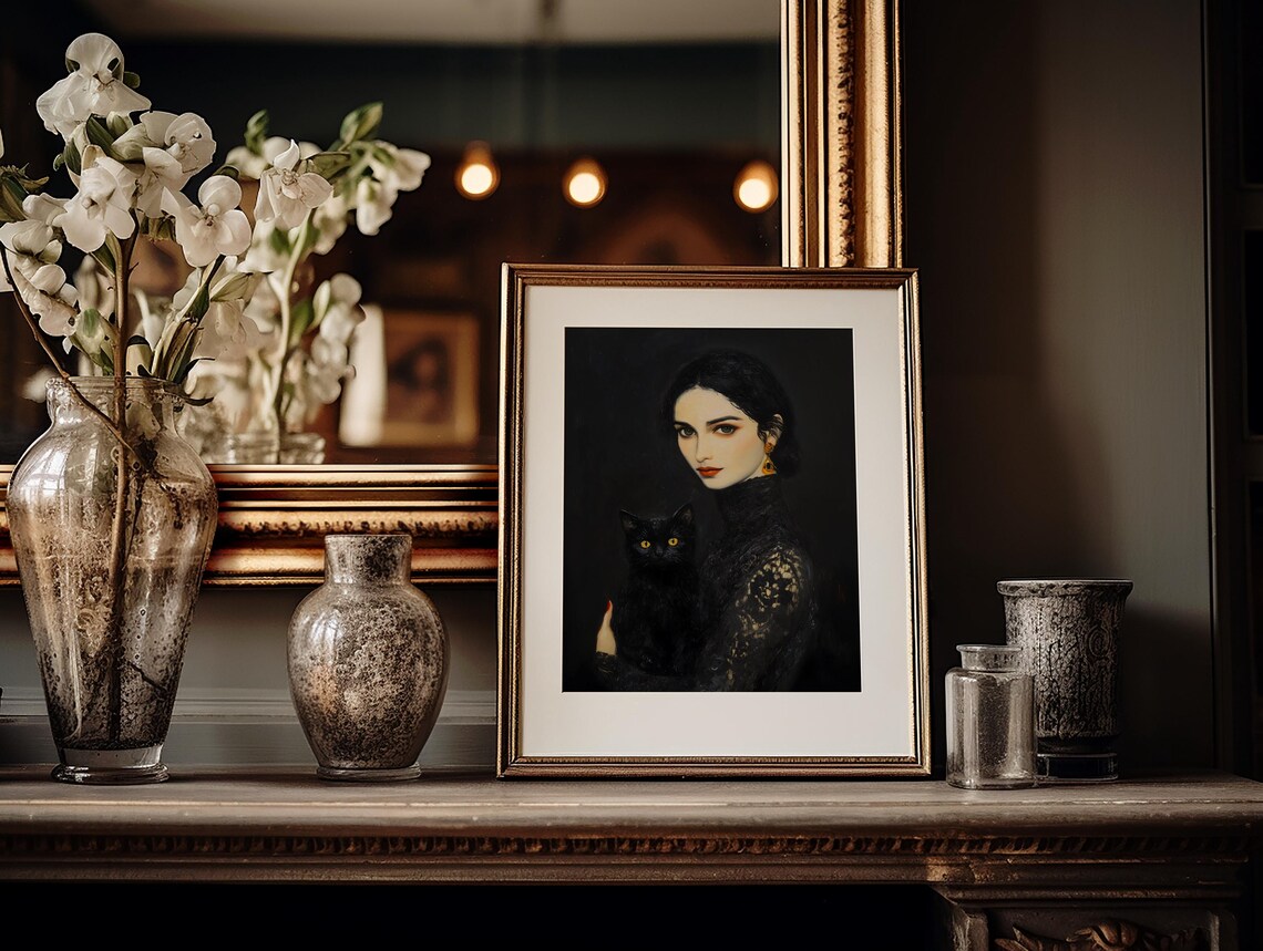 Gothic Victorian Woman In Black Lace Holding Cat Portrait Art Print - Image 2