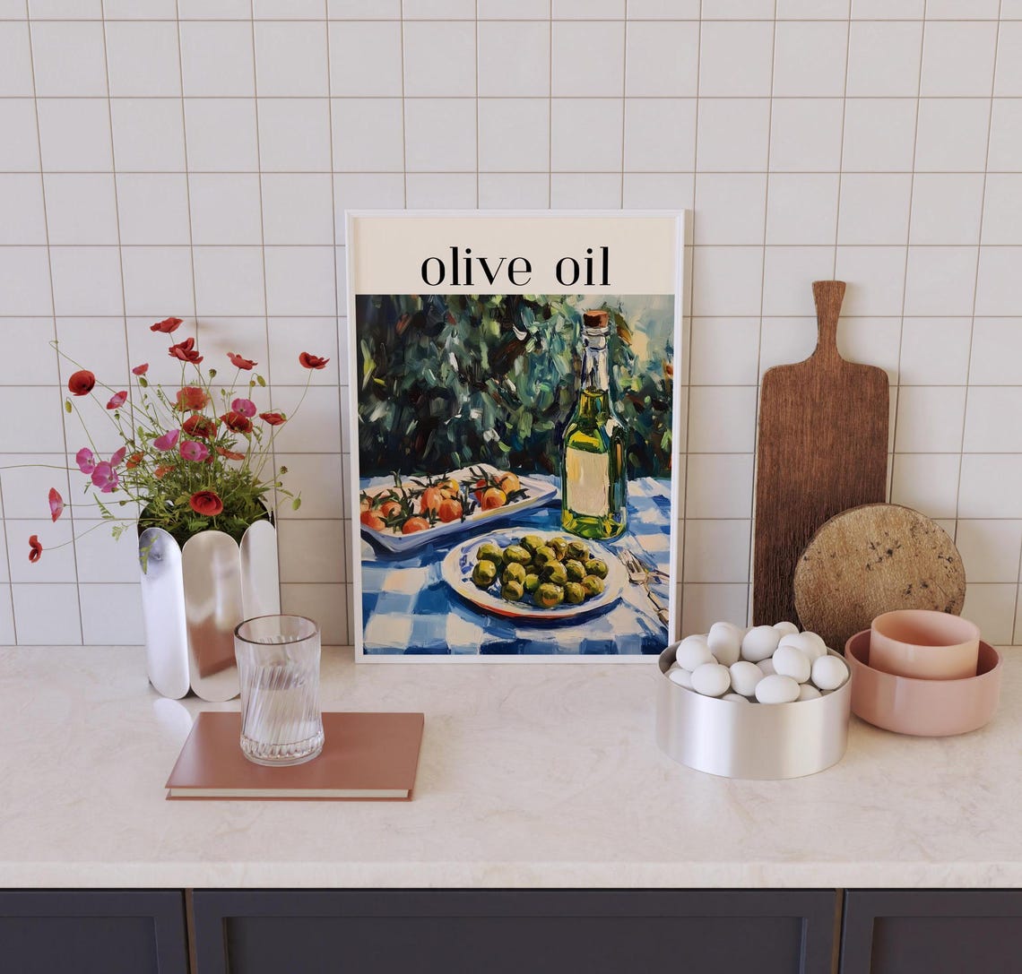 Olive Oil Bottle and Olives Mediterranean Kitchen Still Life Poster - Image 3