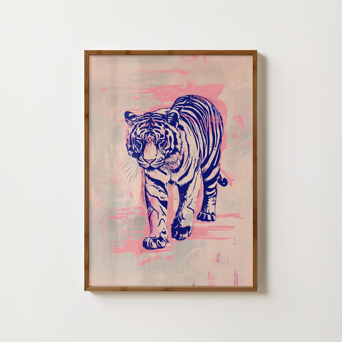 Blue Line Art Tiger On Pink Bold Maximalist Style Art Poster