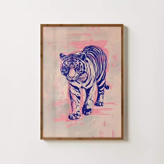 Blue Line Art Tiger On Pink Bold Maximalist Style Art Poster