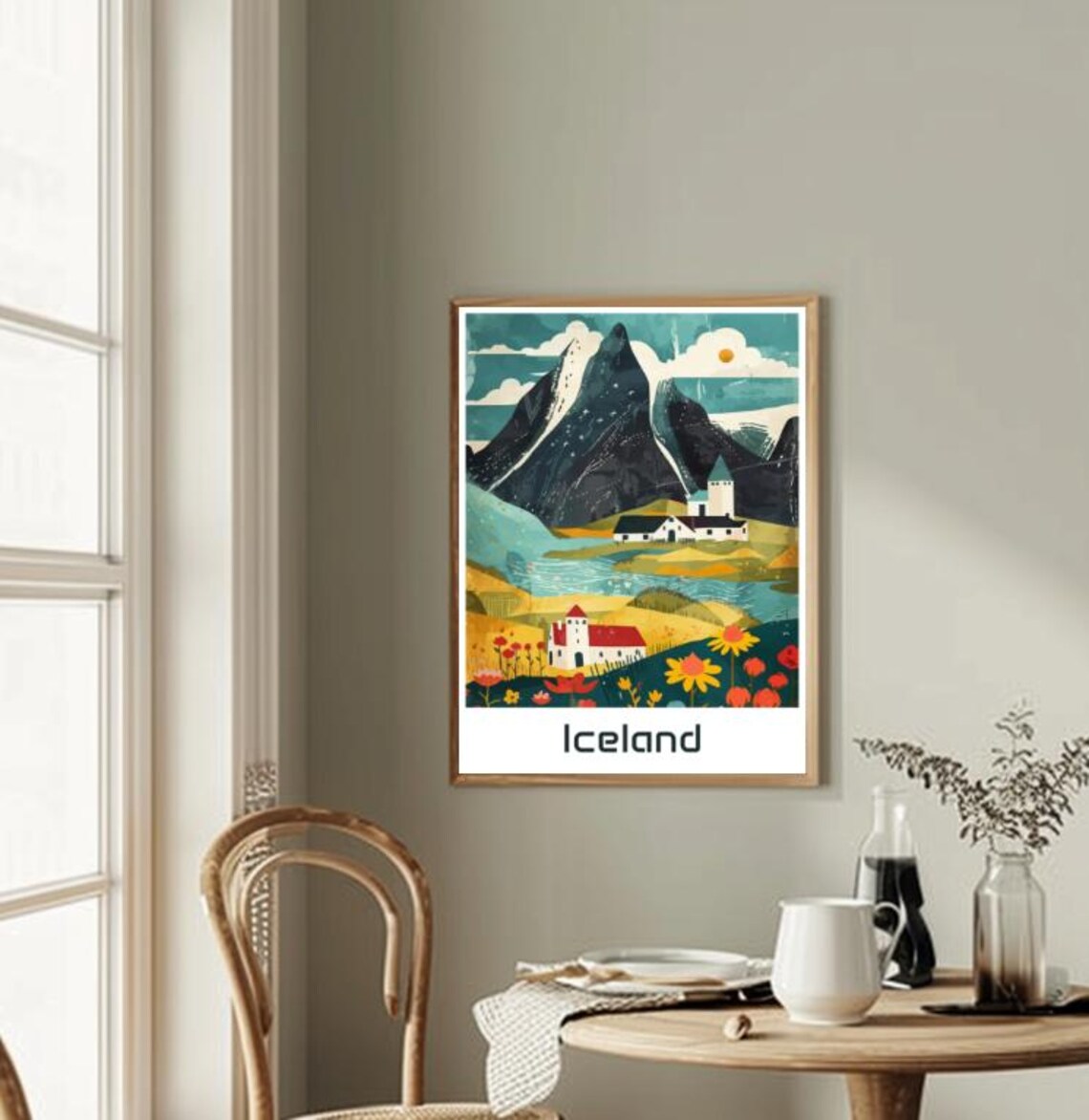 Iceland Mountain Village Church Wildflowers Nordic Landscape Poster - Image 2