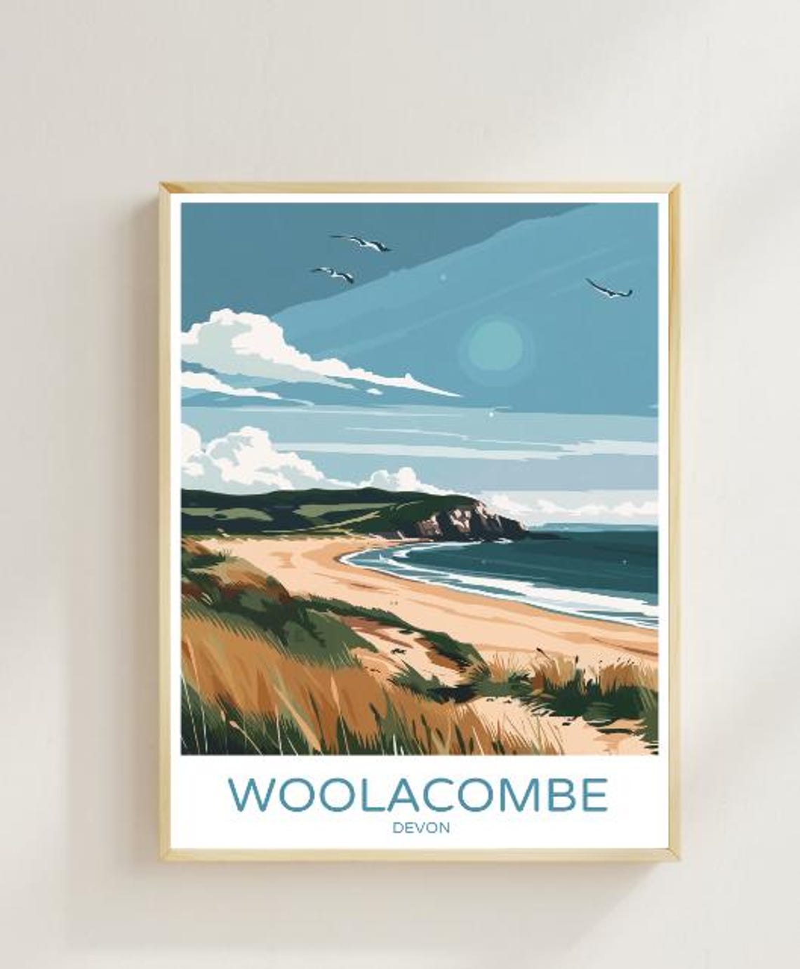 Woolacombe Devon Sandy Surf Beach Dunes Seagulls Retro Travel Poster