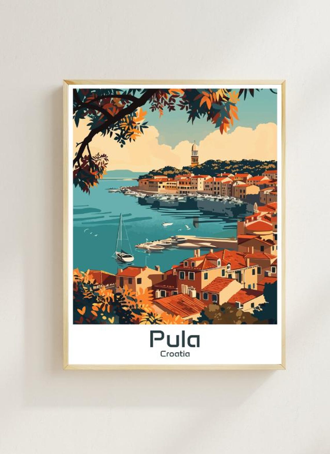 Pula Croatia Adriatic Coastline Old Town Harbor Illustrated Poster