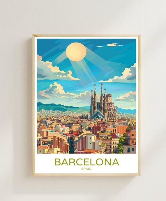 Barcelona Spain Sagrada Familia City Panorama Sun Retro Travel Poster