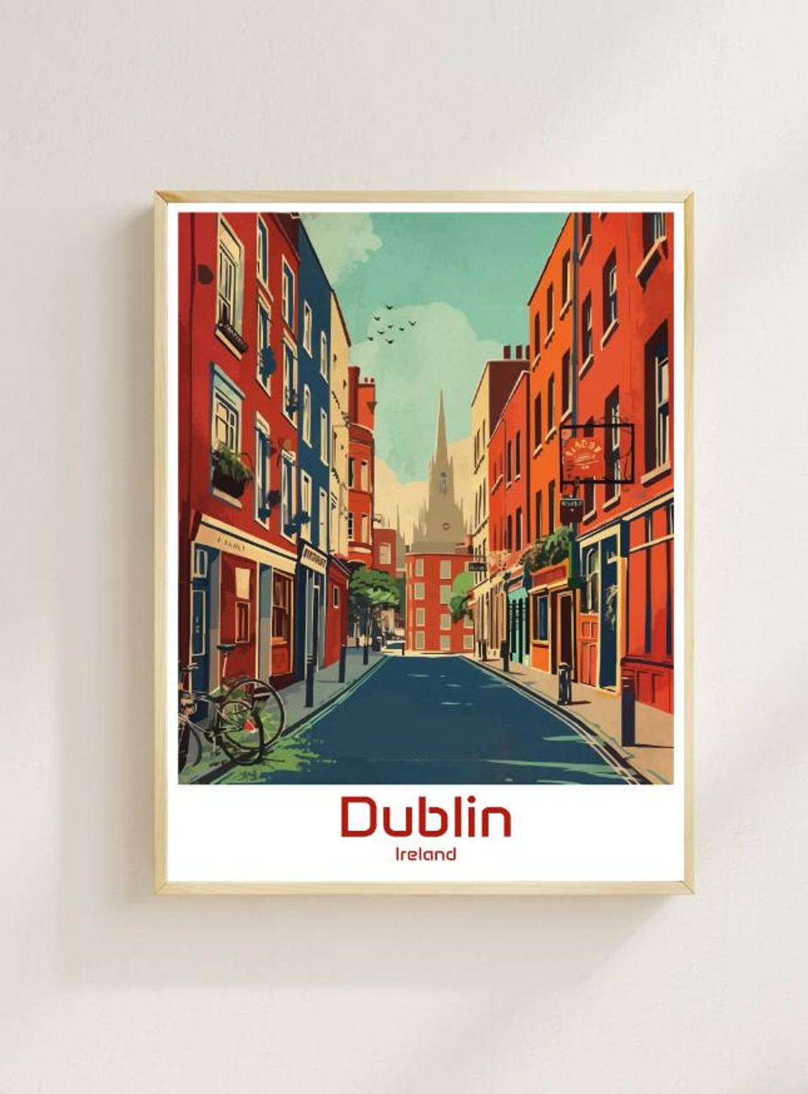 Dublin Ireland Red Brick Street Bicycle Church Spire Cityscape Poster