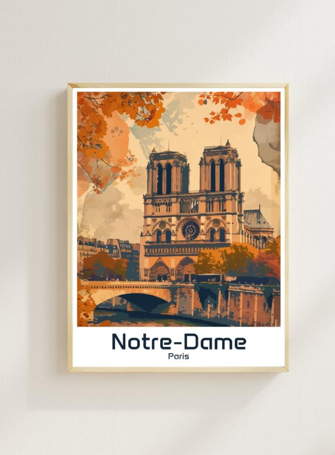 Notre Dame Paris Gothic Cathedral Autumn River Vintage Travel Poster