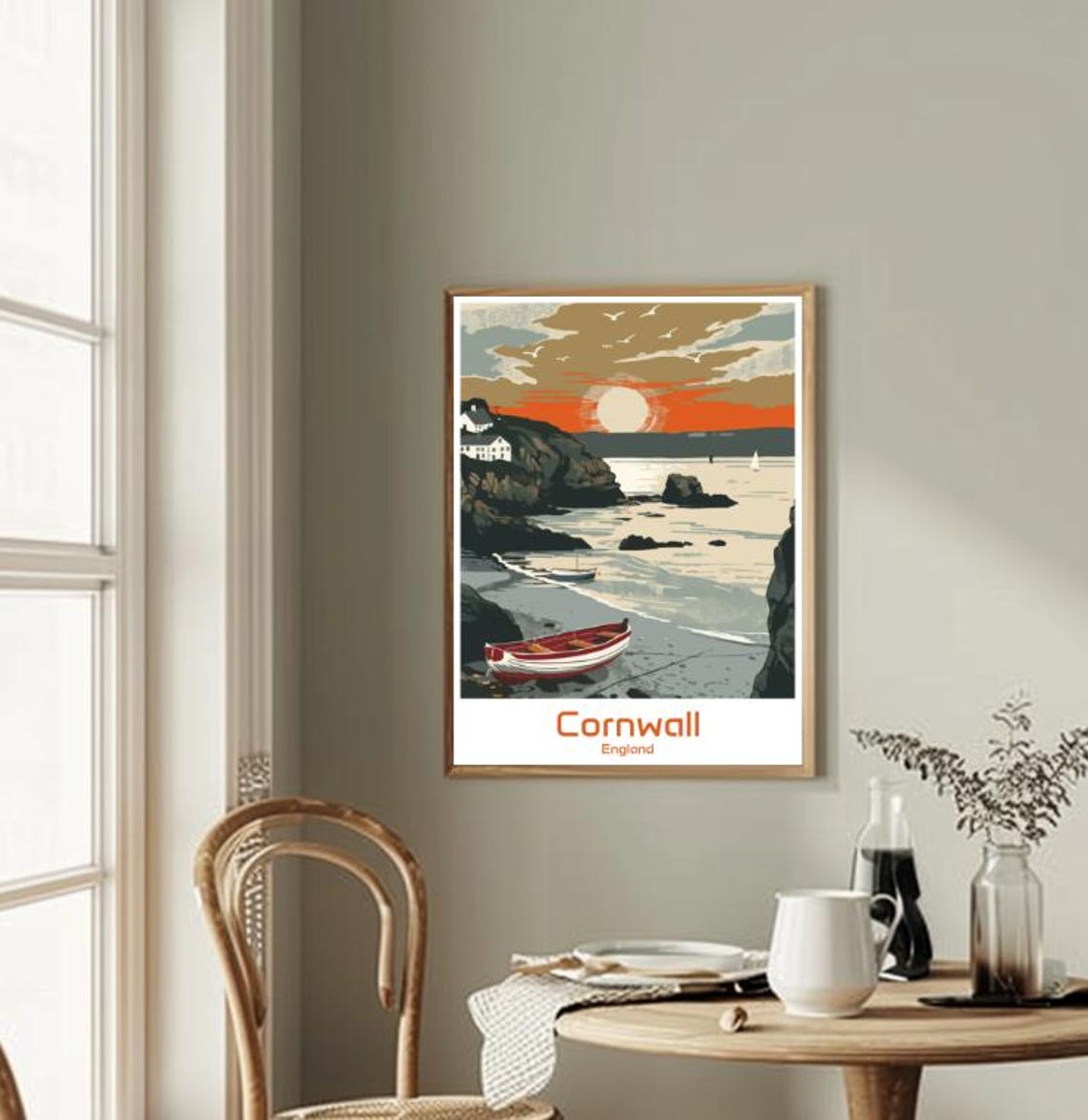 Cornwall England Sunset Rocky Cove Rowboat Coastal Travel Poster - Image 3