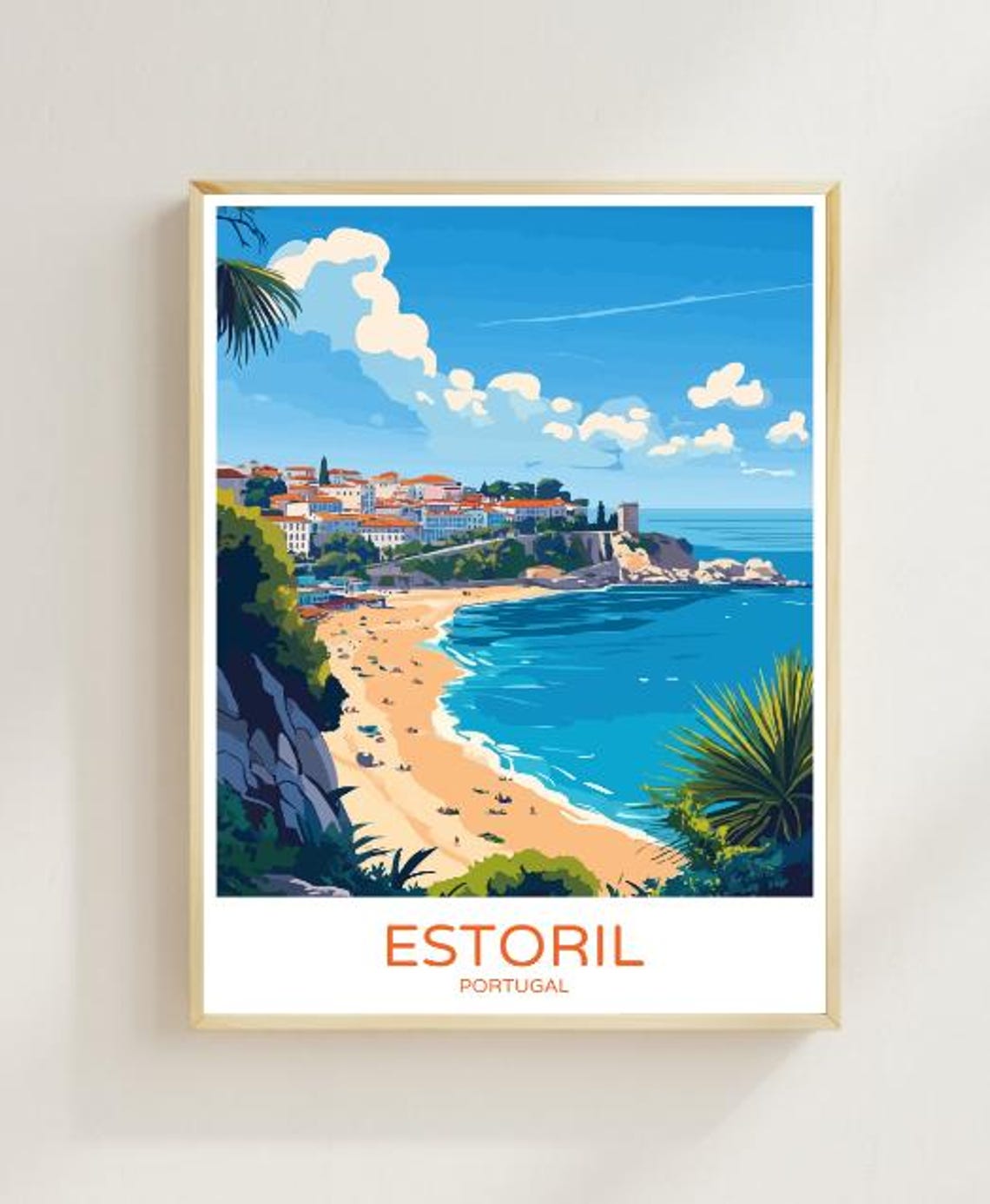 Estoril Portugal Travel Poster Sunlit Beach and Cliffside Old Town